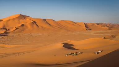 Panoramic Aerial View of sand dunes at sunset in the Sahara desert, Djanet, Algeria, Africa.