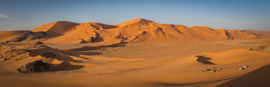 Panoramic Aerial View of sand dunes at sunset in the Sahara desert, Djanet, Algeria, Africa.