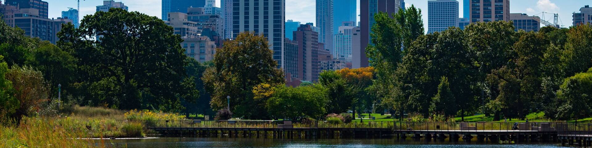 Chicago Skyline viewed from South Pond in Lincoln Park