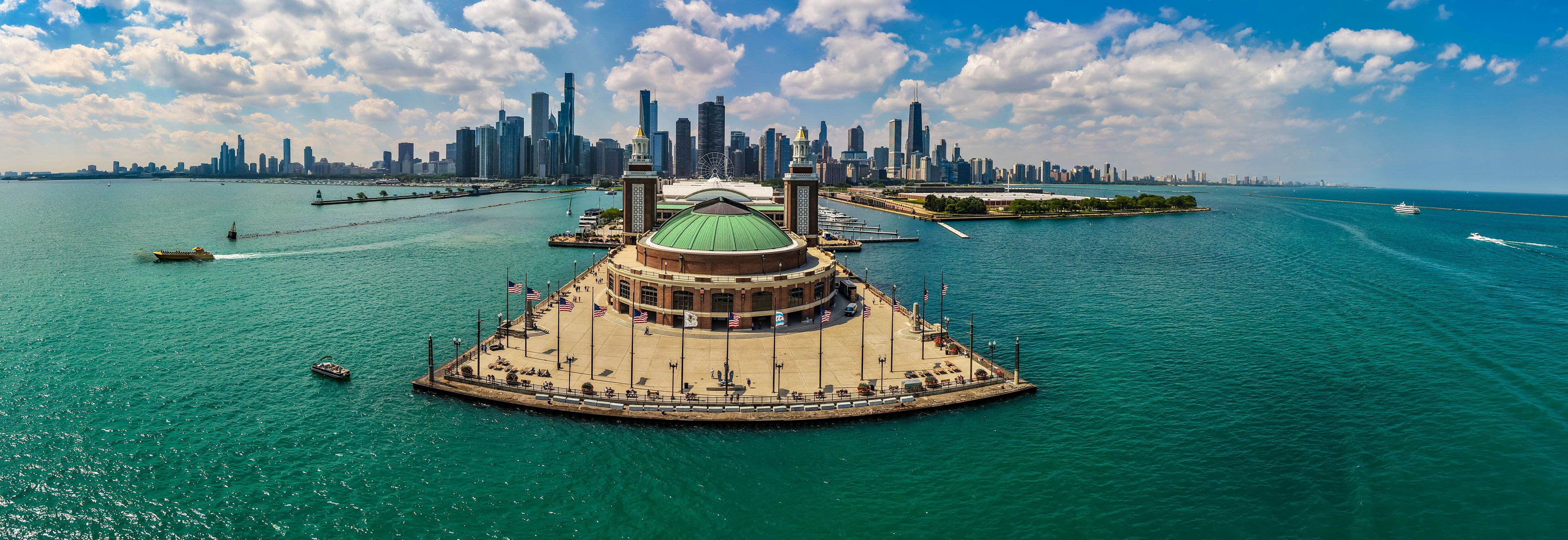 Aerial View of Navy Pier with Chicago Skyline