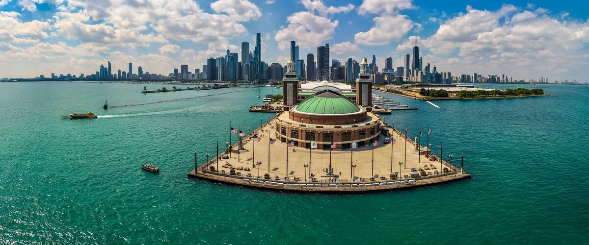Aerial View of Navy Pier with Chicago Skyline
