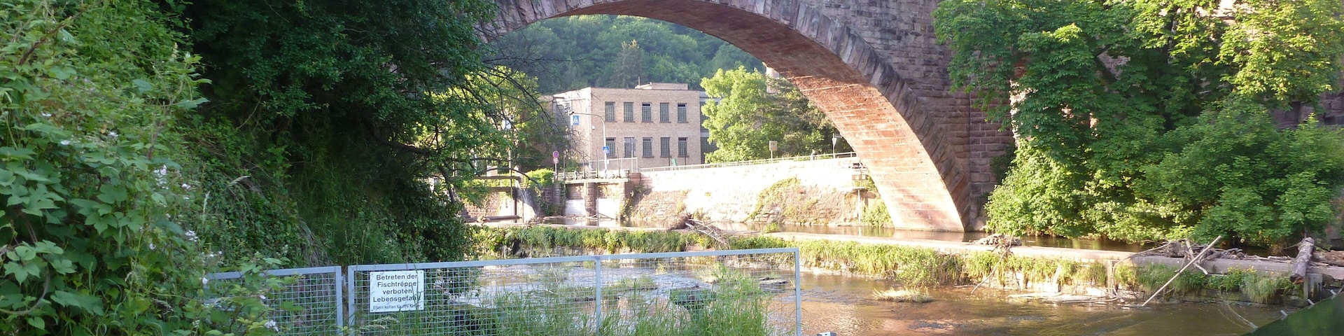 Un pont de pierre enjambant une rivière, entouré de verdure, avec un bâtiment visible au loin.