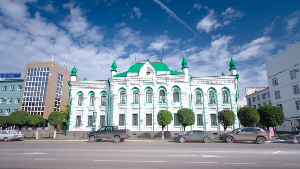 Beautiful 18th century building in the center of Uralsk timelapse hyperlapse. Western Kazakhstan.