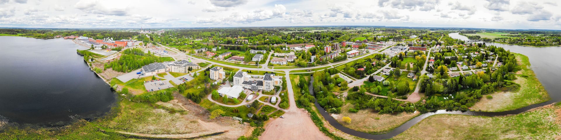 Aerial panoramic view of city Inkeroinen at river Kymijoki, Finland.