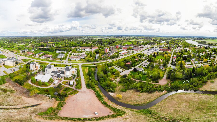 Aerial panoramic view of city Inkeroinen at river Kymijoki, Finland.