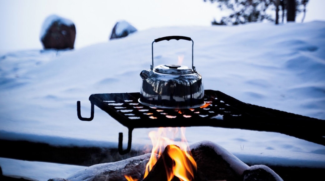 Making a cup of coffee on the fire after a day hike.