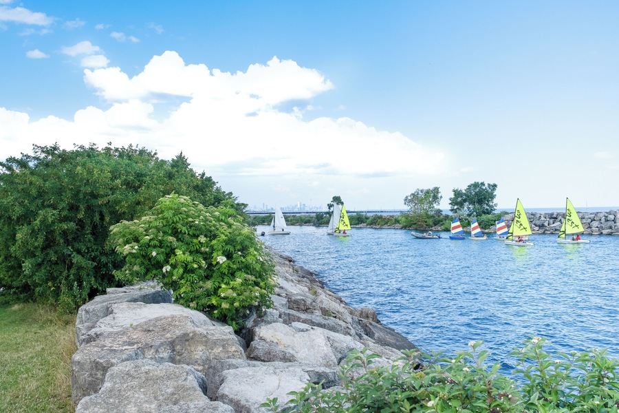 A calm river with sailboats, a rocky shoreline, and lush greenery.