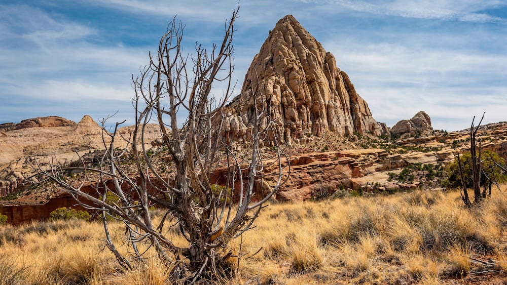 Pectols Pyramid, Capitol Reef National Park. Named for Ephraim Portman Pectol, a man instrumental in the early efforts to establish protection for the area that is now Capitol Reef National Park.