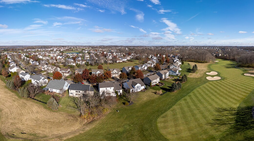 Aerial panoramic view of residential neighborhood and golf course in Powell, Ohio, USA. November 24, 2023.