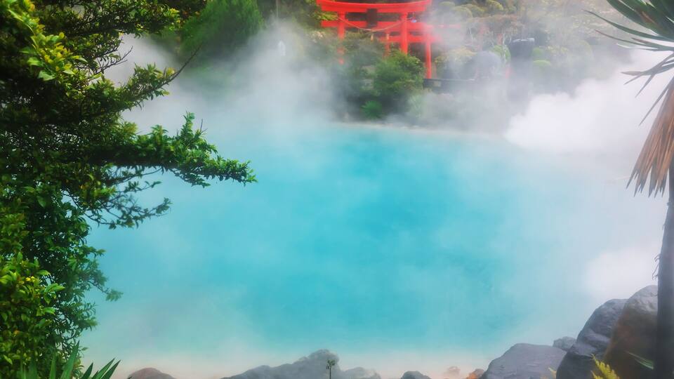 Umi Jigoku Sea Hell blue pond and red torii gate of Kamado Jigoku, Beppu