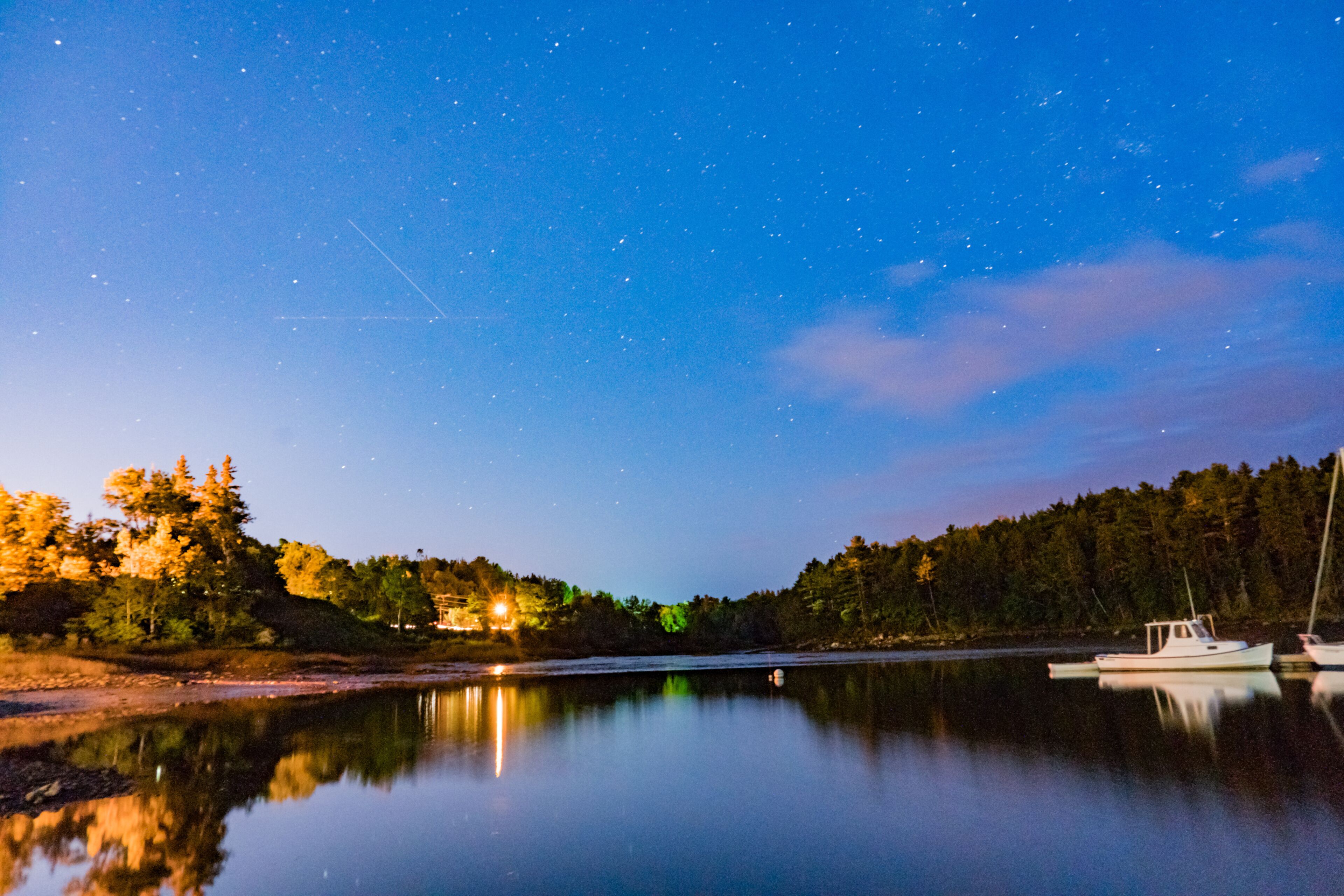 Stars and reflections on the Union River in Ellsworth Maine at the Watefront Park and Marina