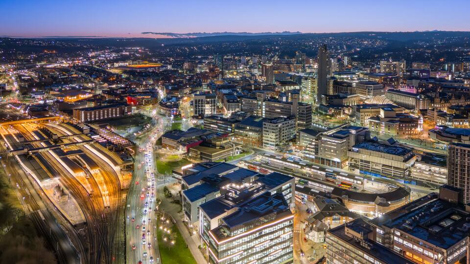 Sheffield City Centre Cityscape Skyline. Urban Architecture Buildings and Streets, Sheffield South Yorkshire, England