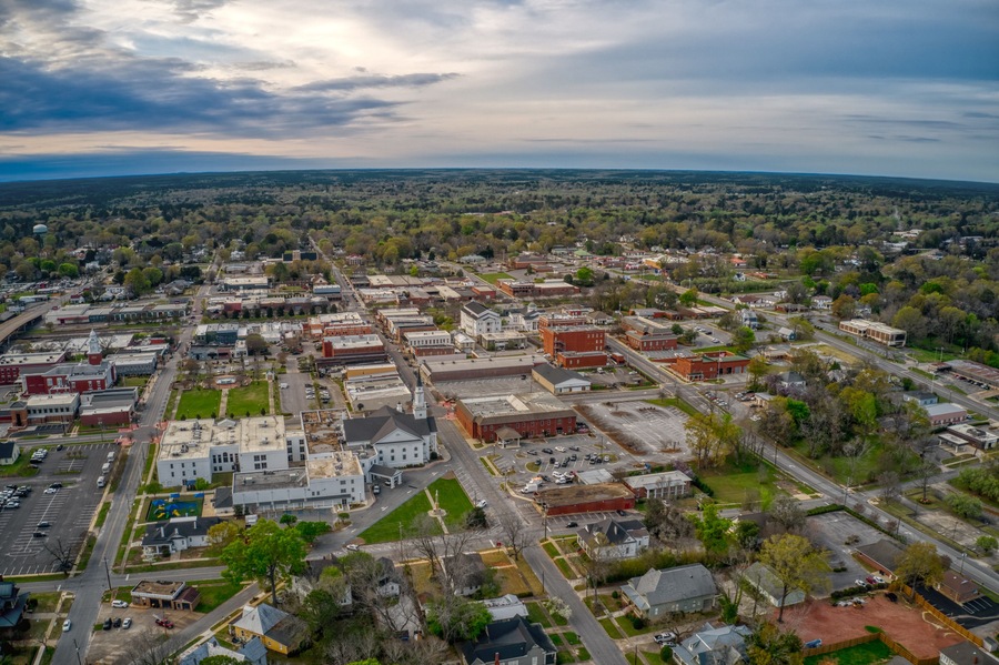 Aerial View of Opelika, Alabama at Dusk