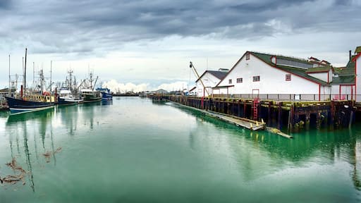 Panoramic view of the Steveston Fisherman's Wharf. Fishing boats and sailboats in Steveston harbor. Richmond, BC, Canada