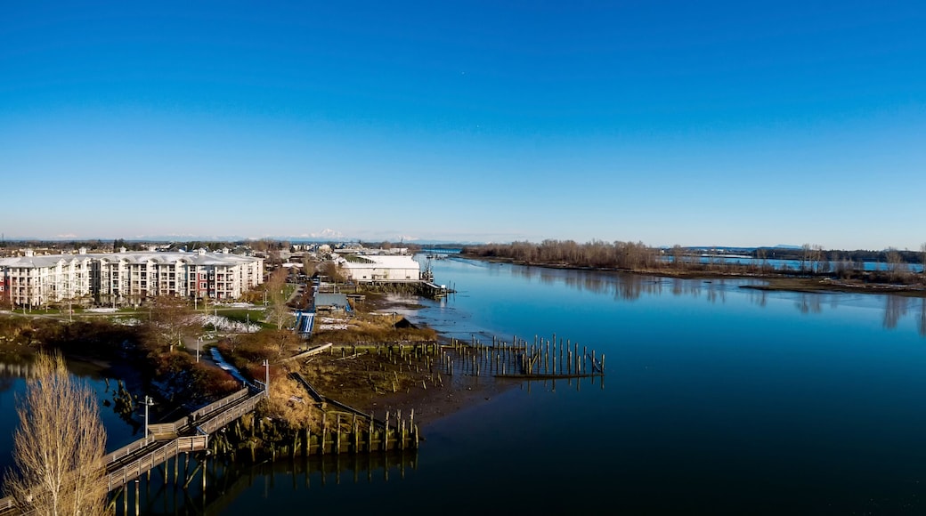 Aerial photo of historic Steveston Cannery on the Fraser River in Richmond, BC Canada with Mt. Baker in the distance