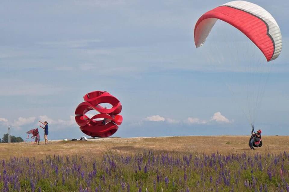 A person paragliding over a field with a large red sculpture and purple flowers.