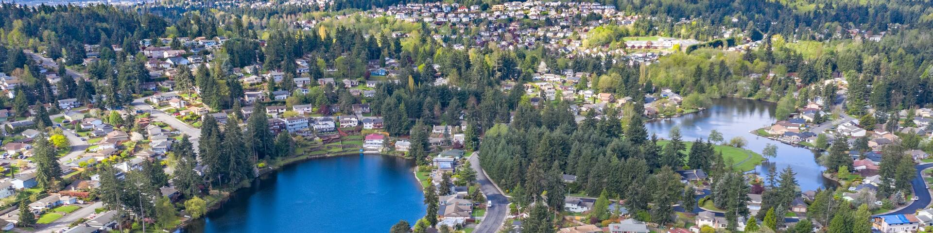 A residential area with a lake surrounded by houses and dense forests.