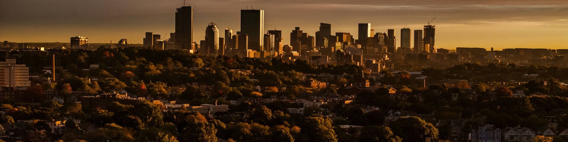 Aerial view of boston skyline under dramatic stormy skies with beautiful trees and buildings, jamaica plain, united states.
