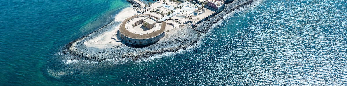 Aerial view on Goree Island in Dakar Senegal, slavery island by drone