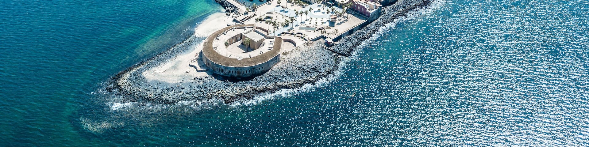 Aerial view on Goree Island in Dakar Senegal, slavery island by drone