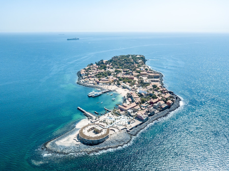Aerial view on Goree Island in Dakar Senegal, slavery island by drone