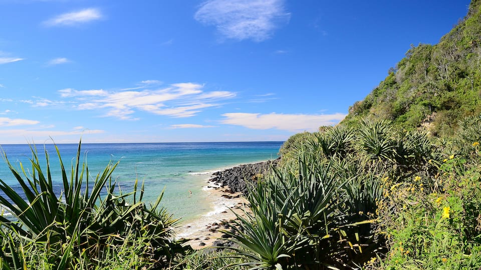 A coastal landscape with clear blue water, a sandy beach, and lush greenery.