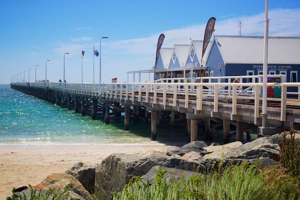 Busselton showing general coastal views and a beach