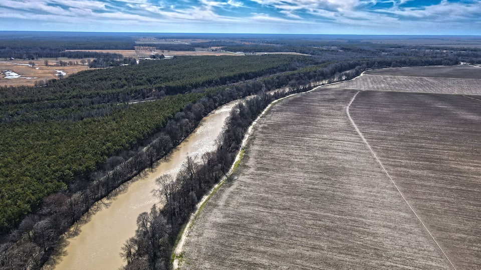 A river winding through a forested area with open fields.