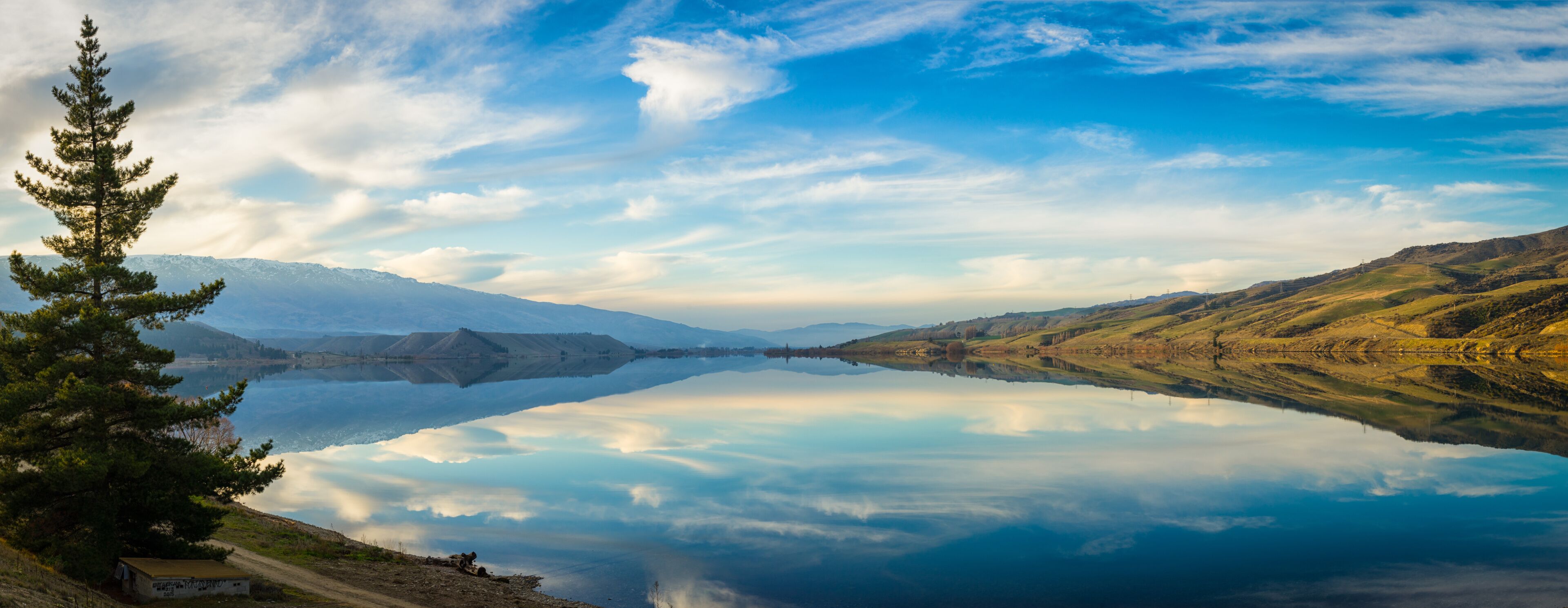 A calm lake reflecting mountains, a pine tree, and a clear sky.