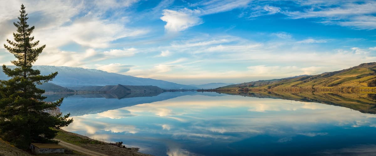 A calm lake reflecting mountains, a pine tree, and a clear sky.