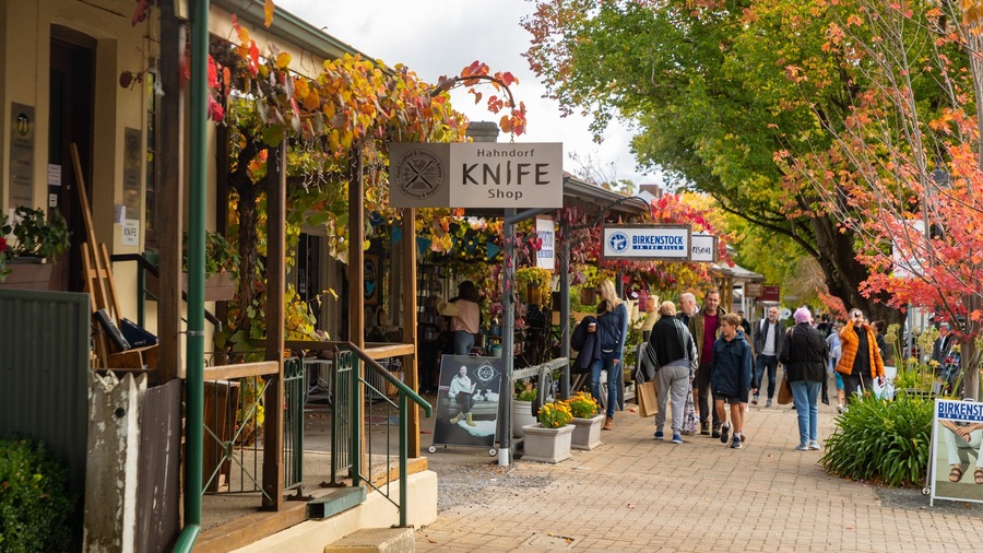 A street with shops, including a knife shop, and people walking.
