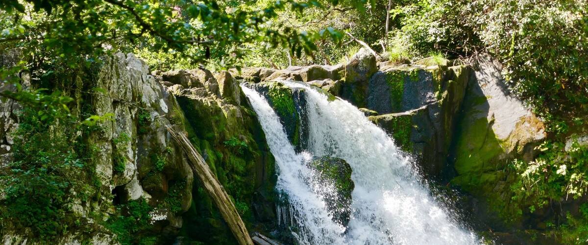 Noon sun starts shining down on the waterfall