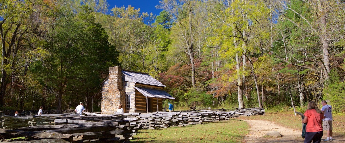 A rustic stone cabin surrounded by a wooden fence, a dirt path, and a forested area with autumn-colored trees.
