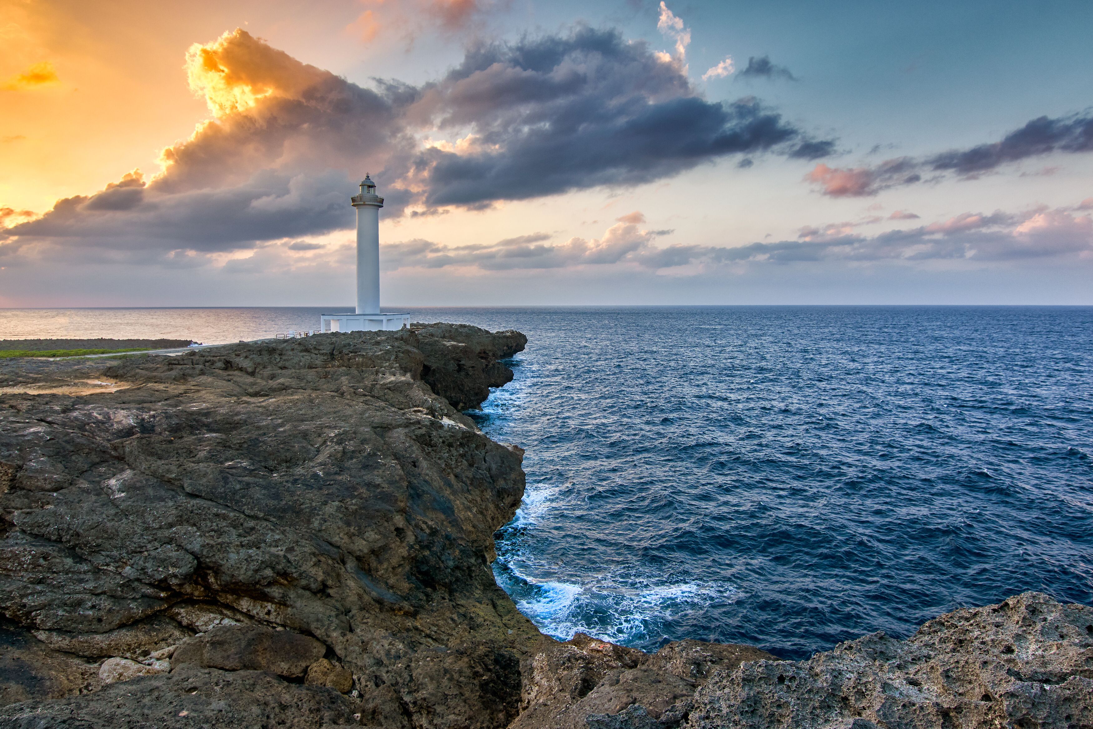 Beautiful sunset at Cape Zanpa with Zanpa Lighthouse, Okinawa, Japan