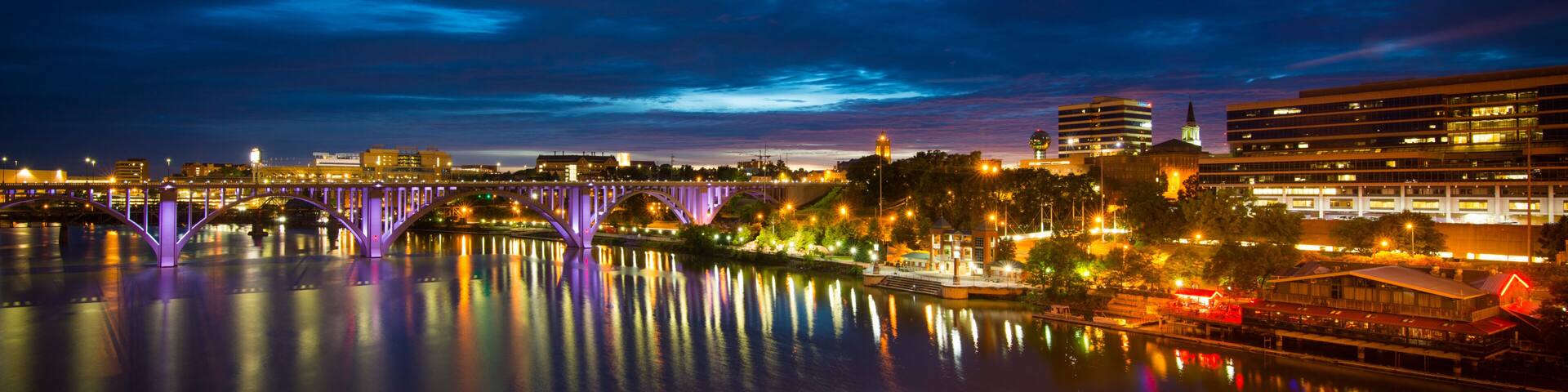 Downtown Knoxville, TN, by riverfront after sunset