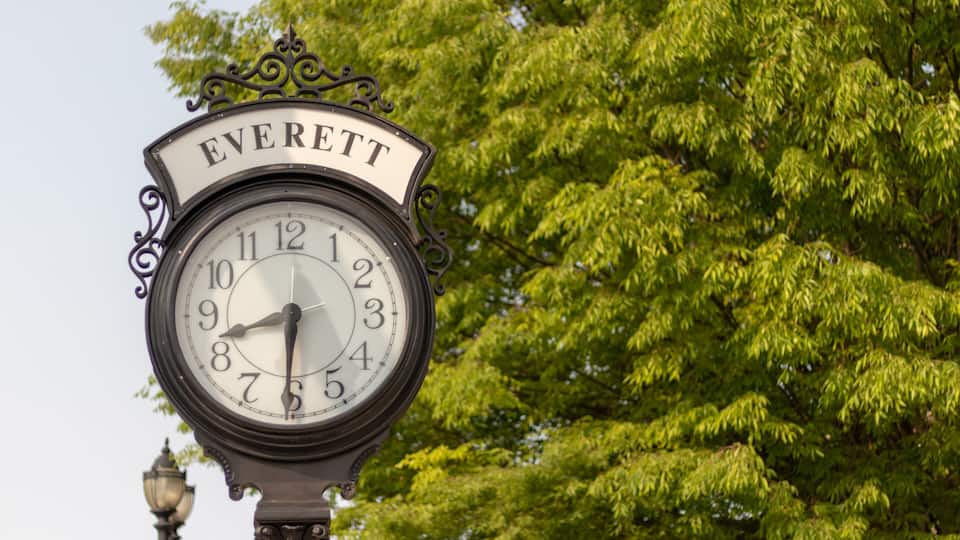 A clock with the name "EVERETT" on it, set against a backdrop of green trees.