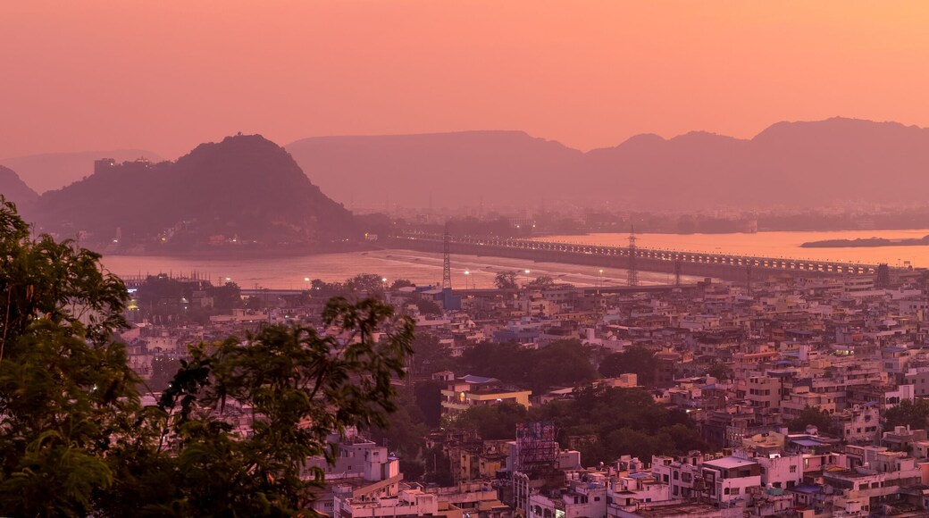 Super panoramic view of Vijayawada city in twilight is the second largest city in the state of Andhra Pradesh.