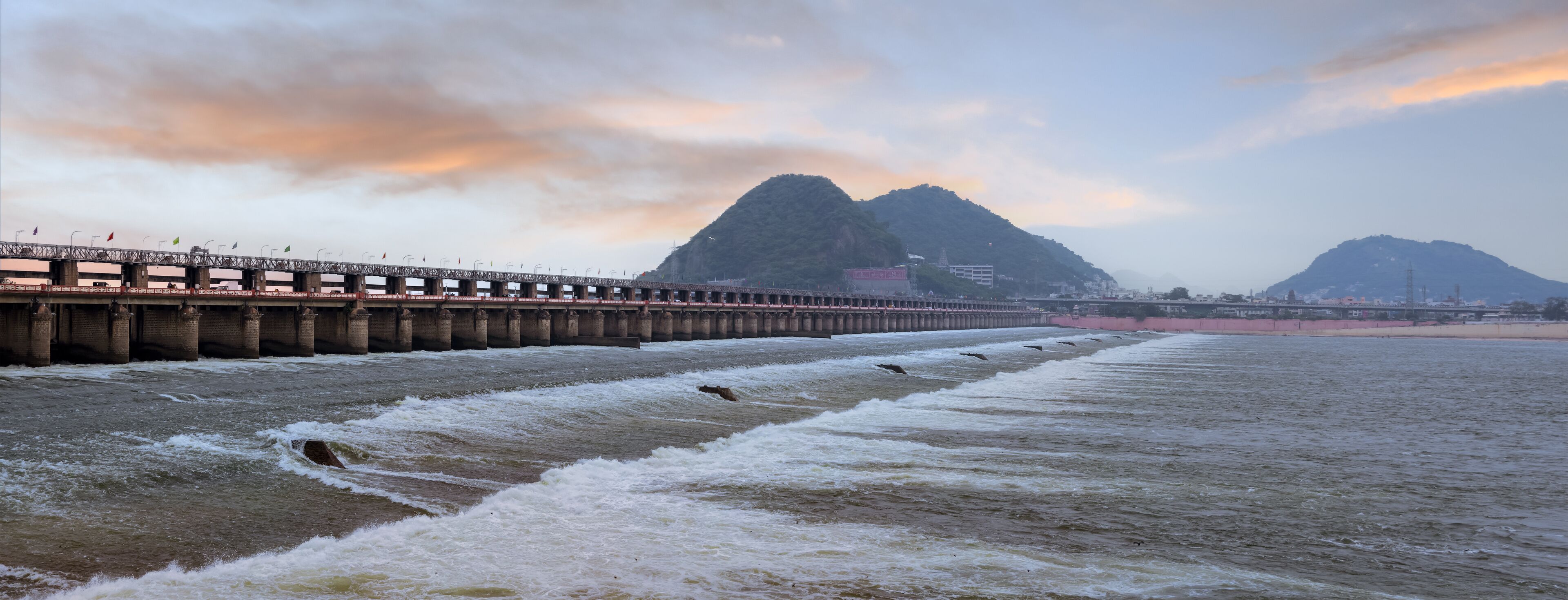 Panoramic view of historic Prakasam barrage on the Krishna river at Vijayawada, India