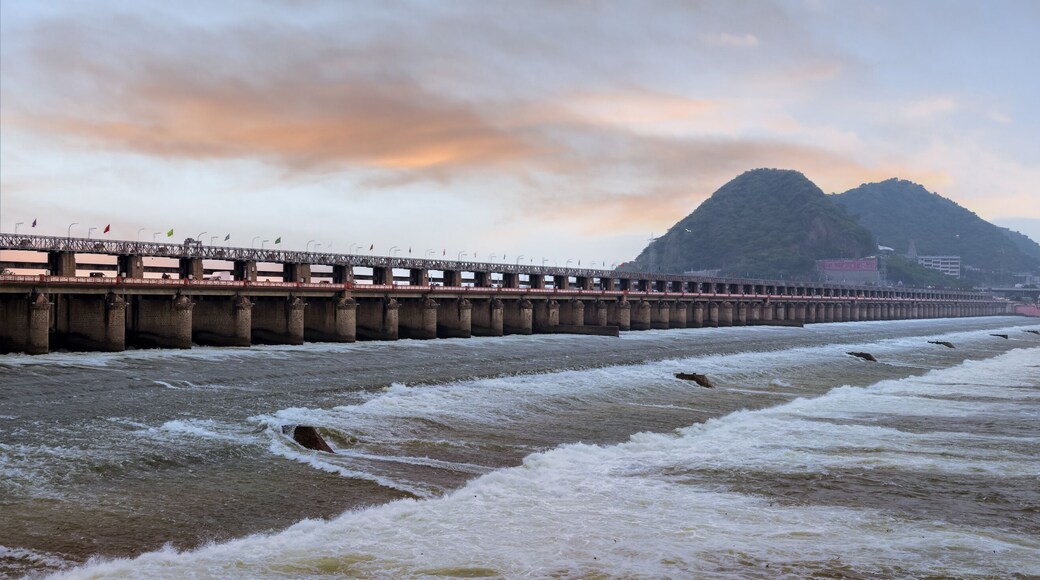 Panoramic view of historic Prakasam barrage on the Krishna river at Vijayawada, India