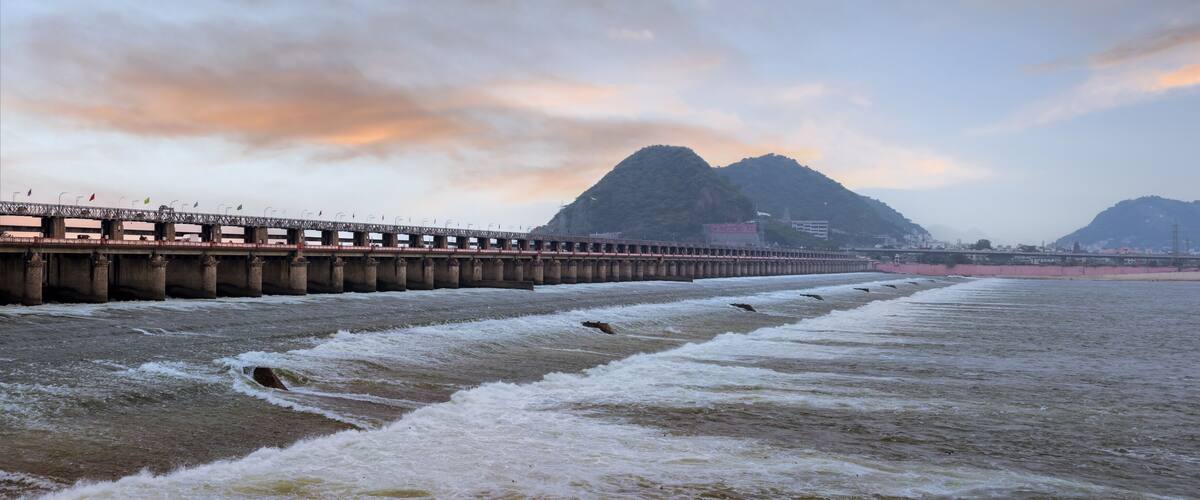 Panoramic view of historic Prakasam barrage on the Krishna river at Vijayawada, India