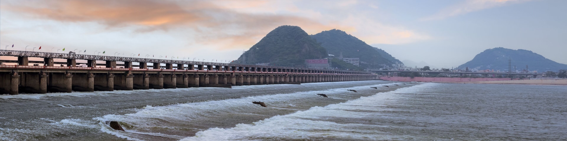 Panoramic view of historic Prakasam barrage on the Krishna river at Vijayawada, India