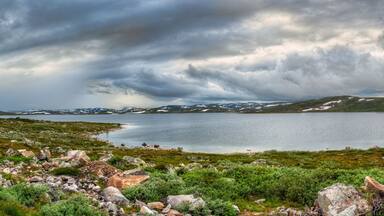 A lake surrounded by rocky terrain and sparse vegetation under a cloudy sky.