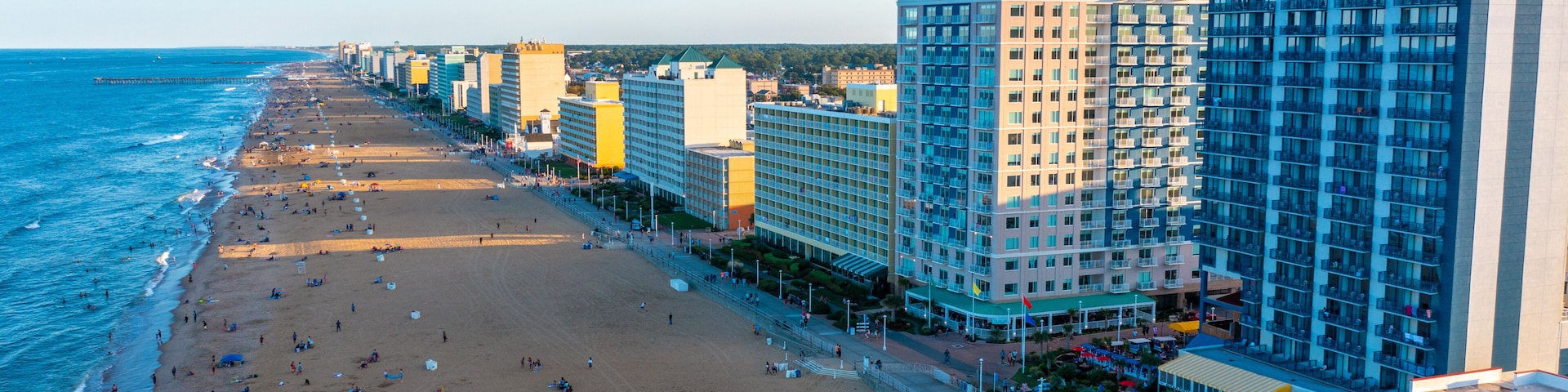 Aerial view of the Virginia Beach oceanfront looking south at sunset