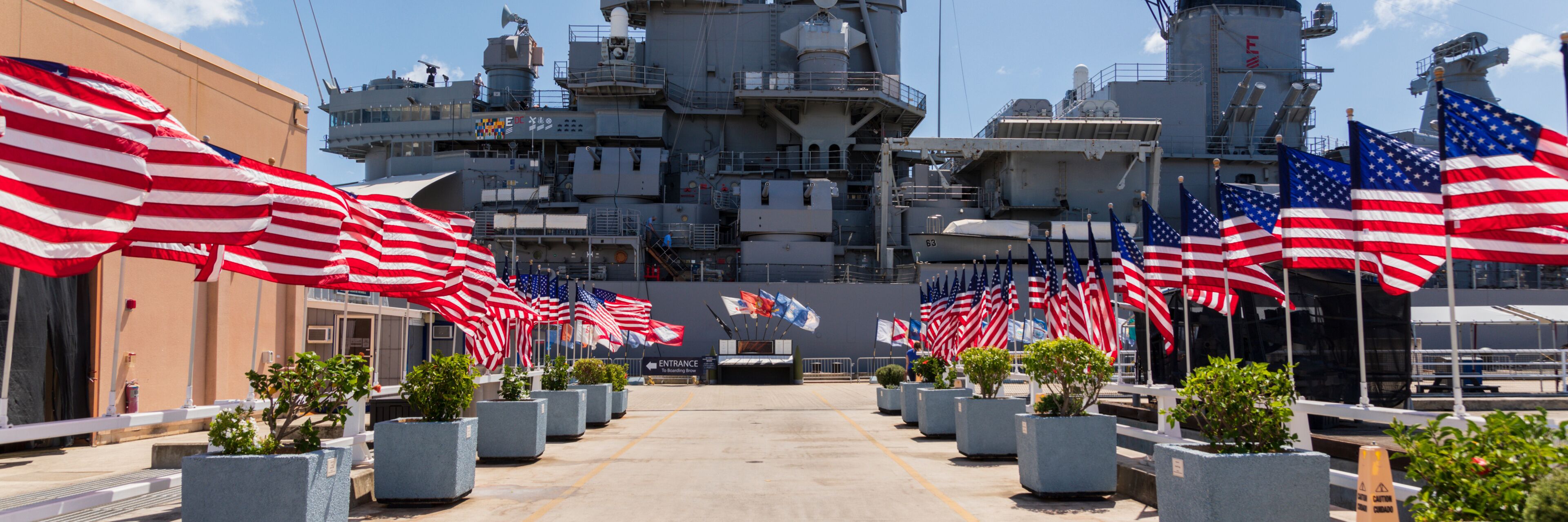 American flags at USS Missouri battleship in Pearl Harbor Honolulu Oahu Hawaii