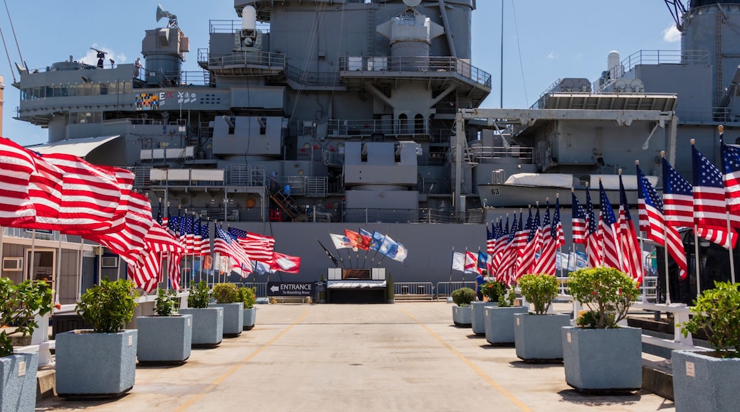 American flags at USS Missouri battleship in Pearl Harbor Honolulu Oahu Hawaii