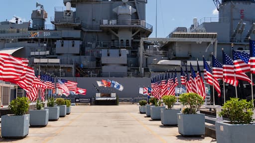 American flags at USS Missouri battleship in Pearl Harbor Honolulu Oahu Hawaii
