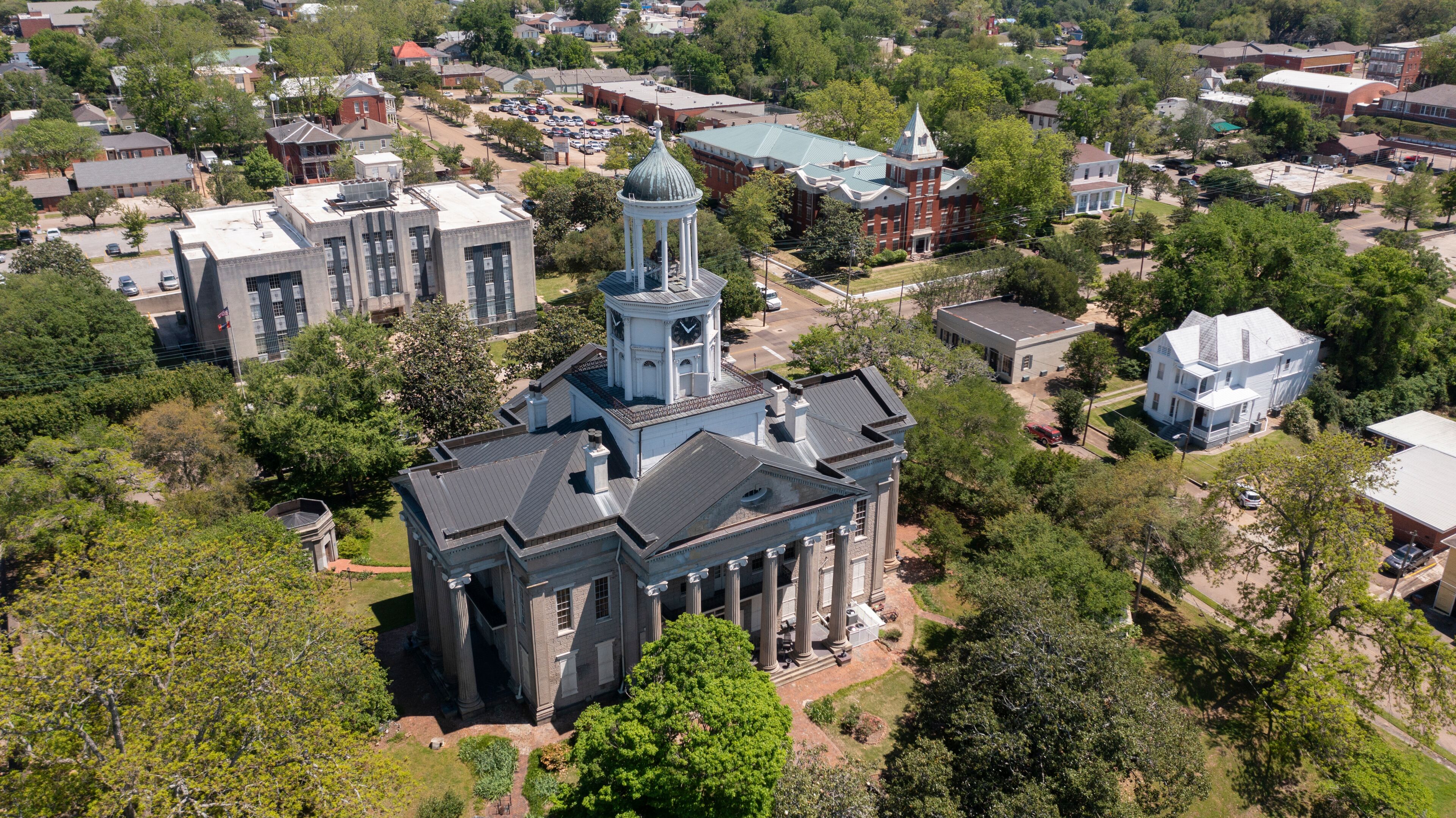 Vicksburg, Mississippi, USA - April 23, 2024: Afternoon sun shines on the historic downtown Courthouse.