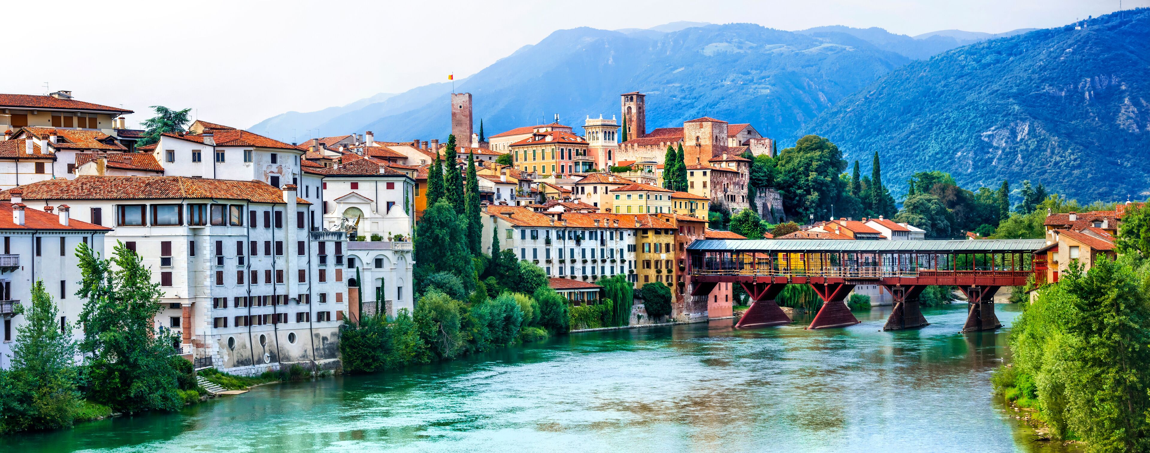 Beautiful medieval towns of Italy -picturesque  Bassano del Grappa .Scenic view with famous bridge. Vicenza province,  region of Veneto