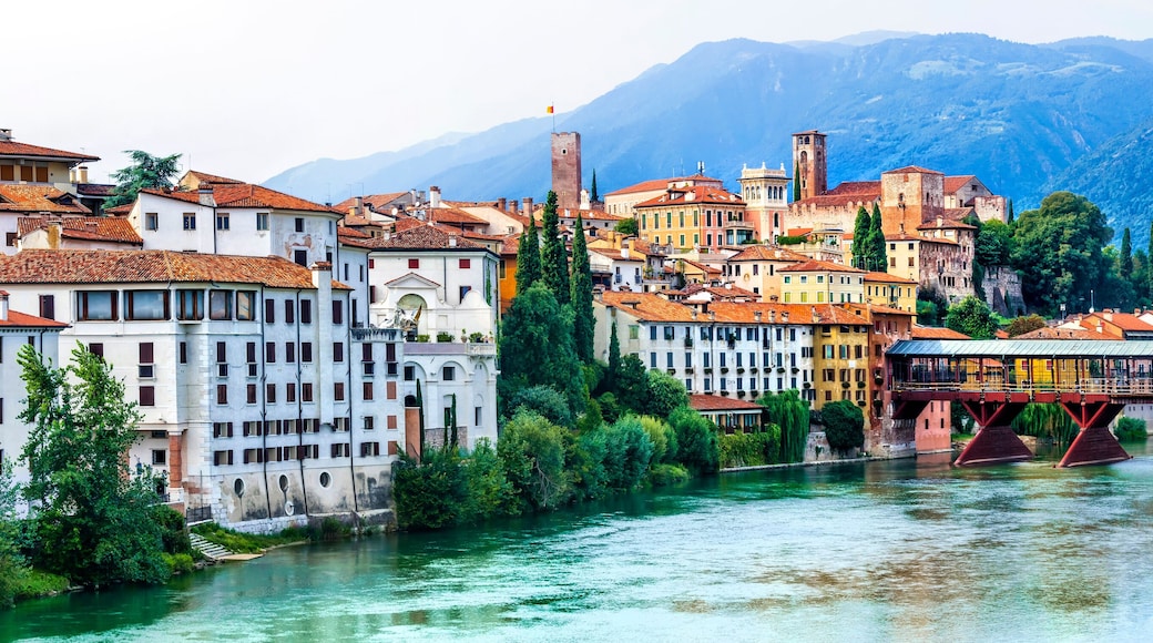 Beautiful medieval towns of Italy -picturesque Bassano del Grappa .Scenic view with famous bridge. Vicenza province, region of Veneto