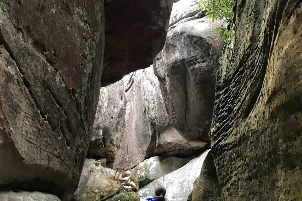 Un randonneur traverse un canyon étroit, caractérisé par de grandes formations rocheuses et une végétation clairsemée.